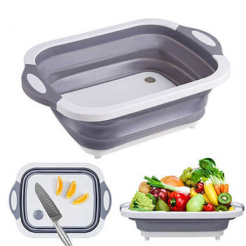 Складна дошка для обробки, з мискою 3 в 1 Chopping Board, Біло-сіра / Дошка кухонна з клапаном для зливу