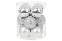 Набор елочных шаров 4см, цвет - серебро, 12шт: глянец, матовый, глиттер - по 4шт (147-185)