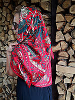 Женский платок . Красный цветочный орнамент. Цветы.130х130
