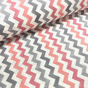 Тканина муслін Двошарова зиґзаґ акварель сіро-кораловий на білому (шир. 1,7 м S) (MS-S-0055)