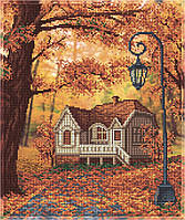 Набор для вышивки бисером "Осенний пейзаж "цветы, клён, листья, пейзаж, сад, небо частичная выкладка, 28х33 см