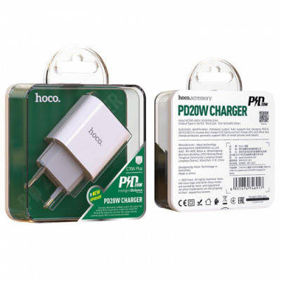 Мережевий Зарядний Пристрій Hoco C76A Plus (PD) 1Type-C/3.0 A/20W (Білий) Швидка зарядка, фото 1