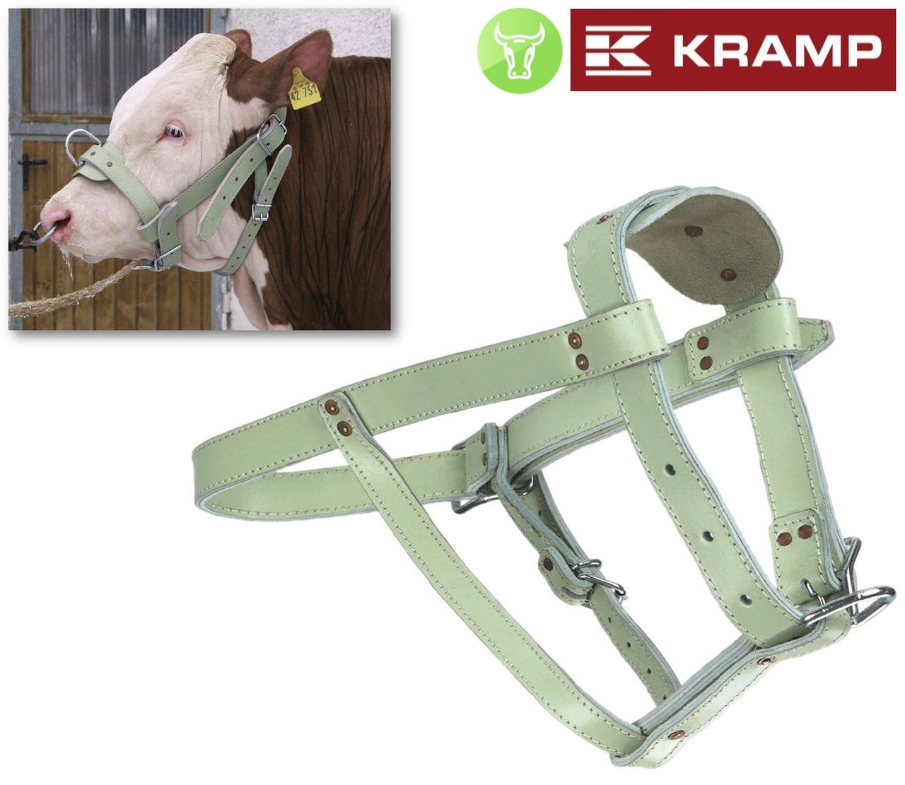 Недоуздок шкіряний для дорослих биків та буйволів ПОСИЛЕННИЙ, регульований розмір.