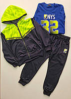 Спортивный костюм тройка люкс качества на мальчика 116, 122, 134, см, темно-синий+салатовый