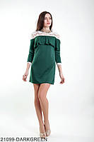 Симпатичное нарядное платье трапеция с баской на плечах и гипюром сверху M, Зеленый