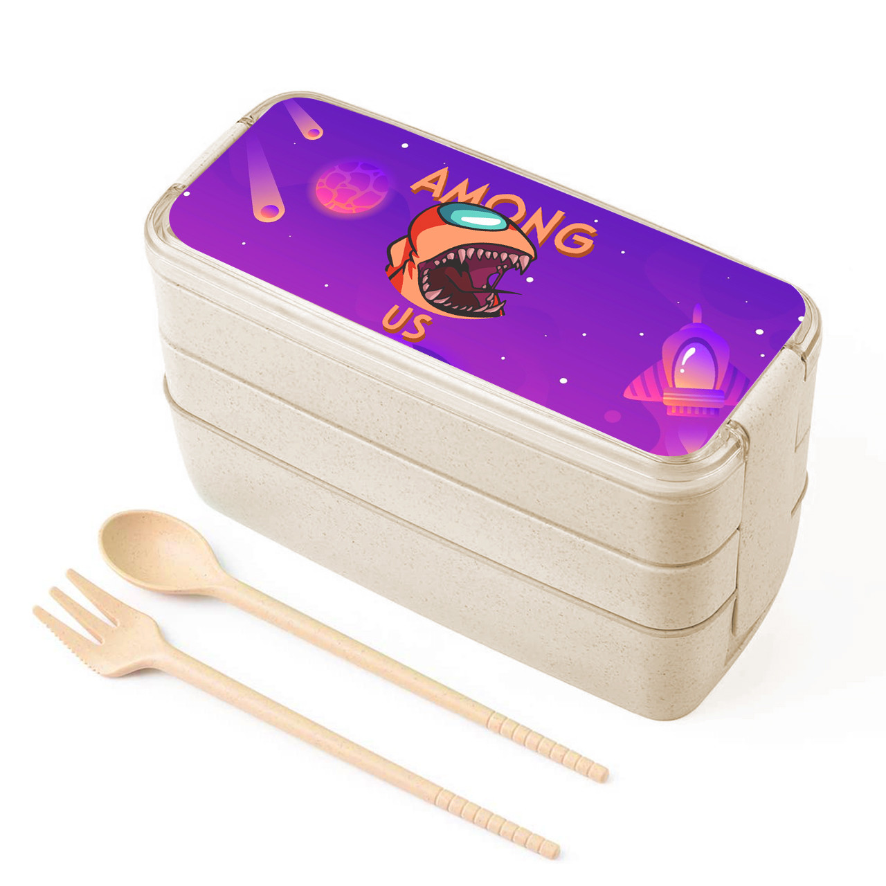 Еко ланч-бокс Амонг Ас Жовтий (Among Us Yellow) 900 мл, контейнер для обідів з виделкою і ложкою