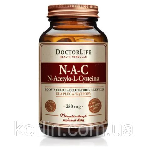 NAC N-ацетил L-цистеїн 250 мг 60 кап Doctor Life NAC 250 mg Польща Доставка з ЄС