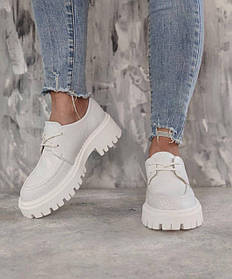 Дербі білі туфлі з натуральної шкіри на масивній підошві, розміри від 36 до 41