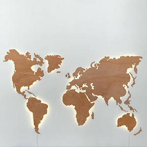 Дерев'яна карта Світу однорівнева на стіну з LED підсвічуванням (холодна/тепла)