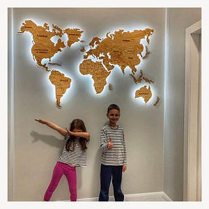 Дерев'яна карта Світу 3D на стіну з гравіруванням і LED підсвічуванням (холодна/тепла)