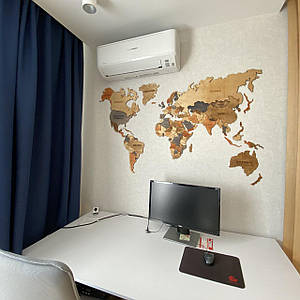 Дерев'яна багаторівнева карта Світу 3D на стіну з гравіруванням і LED підсвічуванням (холодна/тепла)