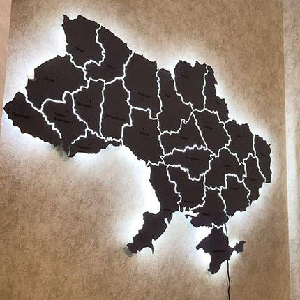 Карта України 3D на стіну з оргскла/пластику з підсвічуванням по областях (холодна/тепла), фото 1
