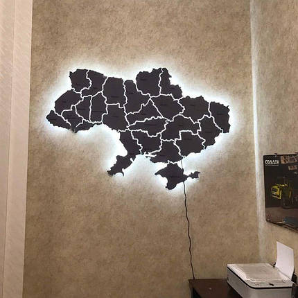 Карта України 3D на стіну з оргскла/пластику з підсвічуванням по областях (холодна/тепла), фото 3