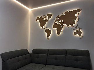 Дерев'яна карта Світу однорівнева на стіну з LED підсвічуванням (холодна/тепла)