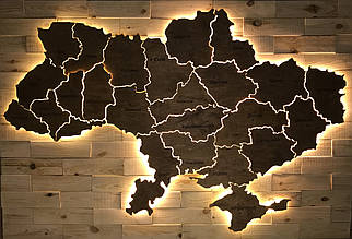 Дерев'яна карта України 3D на стіну з гравіруванням і з LED підсвічуванням по областях (холодна/тепла)