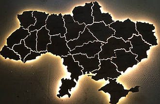 Дерев'яна карта України 3D на стіну з гравіруванням і з LED підсвічуванням по областях (холодна/тепла), фото 3