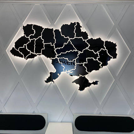 Карта України 3D на стіну з оргскла/пластику з підсвічуванням по областях (холодна/тепла), фото 1