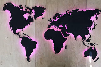 Дерев'яна однорівнева карта Світу 3D на стіну з RGB підсвічуванням та гравіюванням