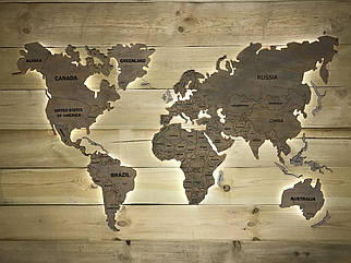 Дерев'яна карта Миру сіра однорівнева на стіну з LED підсвічуванням (холодна/тепла)