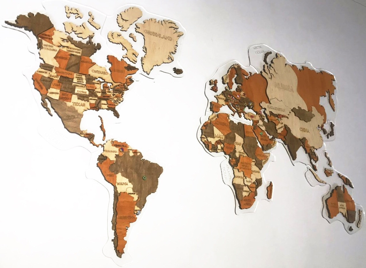 Дерев'яна карта Світу багаторівнева на акриловій основі з LED підсвічуванням (холодна/тепла)