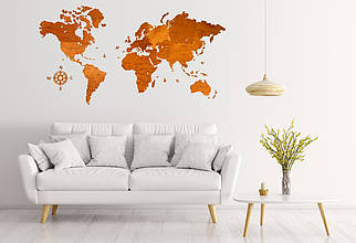 Одношарова дерев'яна карта світу на стіну, колір "Горіх"