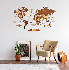 Багатошарова дерев'яна карта світу на стіну в кольорі венге і горіх