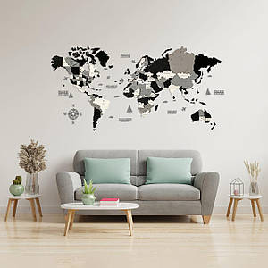 Багатошарова дерев'яна карта світу в чорно-білих кольорах