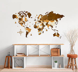 Багатошарова дерев'яна карта світу на стіну в коричневих кольорах
