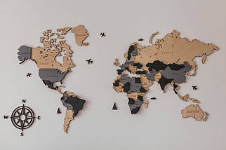 Багатошарова дерев'яна карта світу на стіну бежевий та сірий кольори