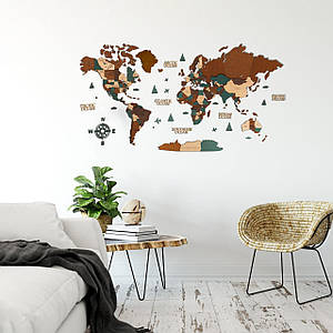 3D дерев'яна карта світу з LED підсвічуванням в зеленому і коричневих кольорах