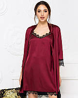 Стильний жіночий шовковий домашній комплект-двійка: нічна іграшка + халатик. Арт-1509/8 бордовий