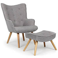 Кресло для дома Флорино мягкое с табуреткой, оттоманкой цвет серый ножки бук