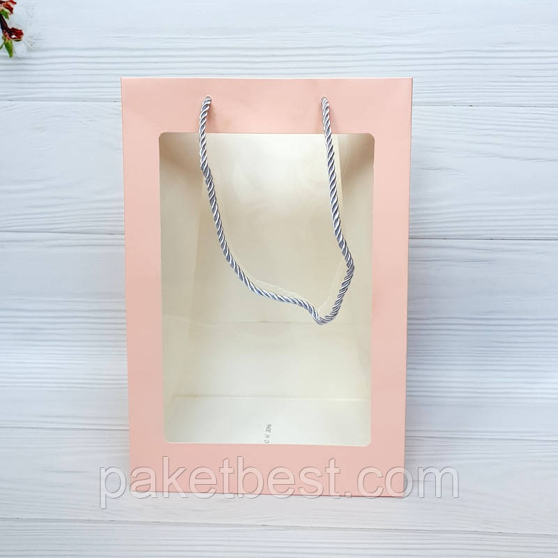 Подарунковий пакет з прозорим віконцем(рожевий) 35*25*15