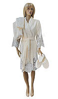 Элитный набор халат, тапочки, полотенца Nusa махровый бамбуковый с кружевом NS-3875 крем