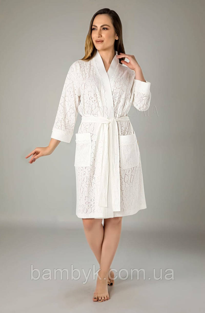 Элитный трикотажный халат с кружевом Nusa NS-15085 крем, фото 1