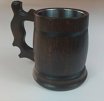 Дерев'яний пивний кухоль з металевою вставкою ручної роботи 0.5 л | Кружка для пива та інших напоїв | Дерев'яний сувенір з Карпат