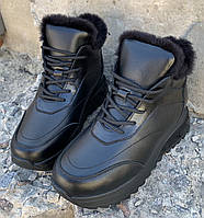 Calvin Klein Женские зимние кожаные черные кроссовки ботиночки с мехом