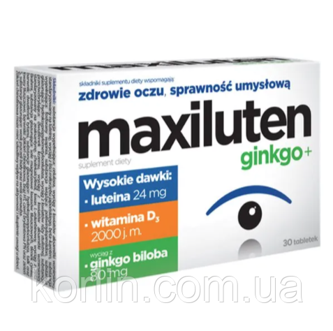 Максілутен Гінкго + Maxiluten Ginkgo+ Вітаміни Для очей і Зріння Польща 30 таб Aflofarm Доставка з ЄС