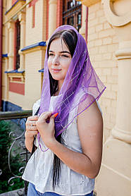 Хустка жіночий шифоновий церковний однотонний із золотистою кліткою колір бузковий 80*80