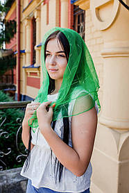 Хустка жіночий шифоновий церковний однотонний із золотистою кліткою колір зелений 80*80