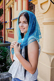 Хустка жіночий шифоновий церковний однотонний із золотистою кліткою колір блакитний 80*80