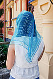 Хустка жіночий шифоновий церковний однотонний із золотистою кліткою колір блакитний 80*80, фото 4