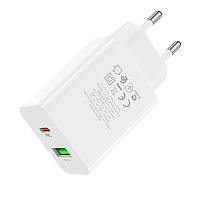 Мережевий зарядний пристрій USB + USB-C BOROFONE BA56A Lavida speed dual port PD20W + QC3.0 charger, біле