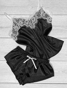 Чорний атласний комплект піжами: майка з білим мереживом і шортики
