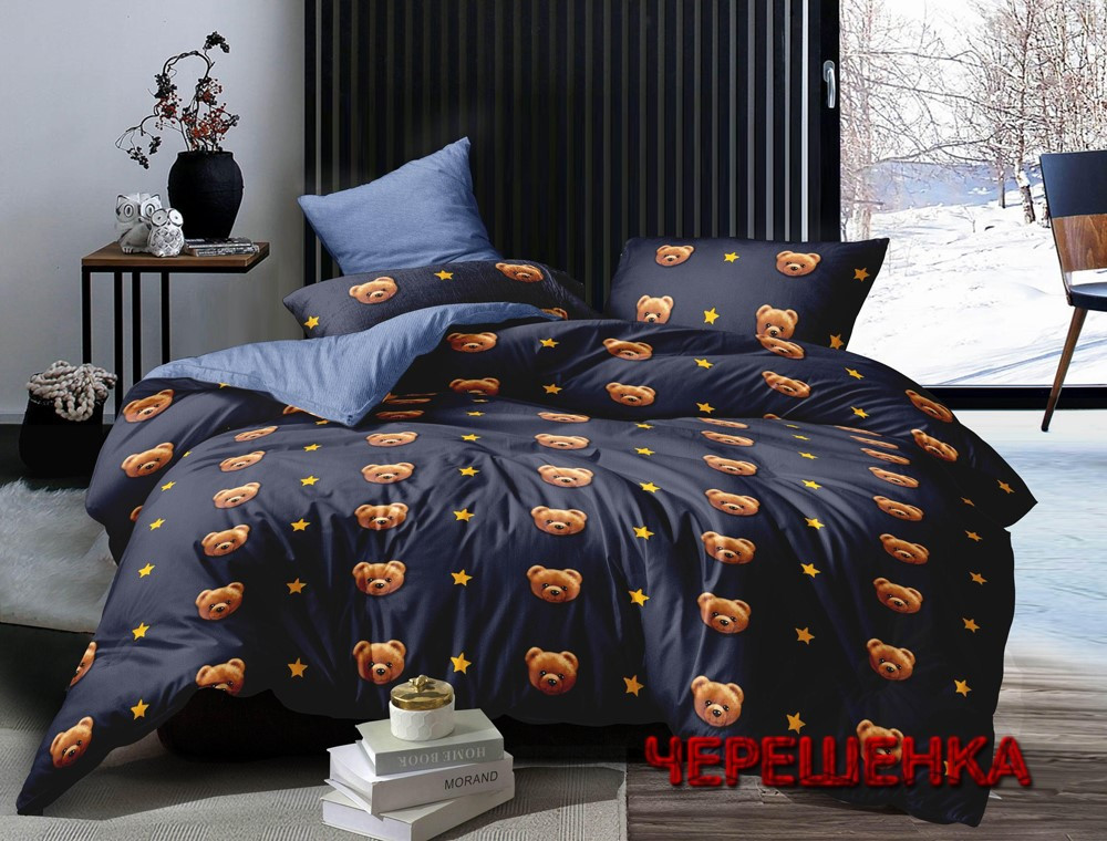Темний синій Сатин 100% бавовна принт ведмедика, натуральна тканина 220 см для пошиття постільної білизни в рулоні 60 м