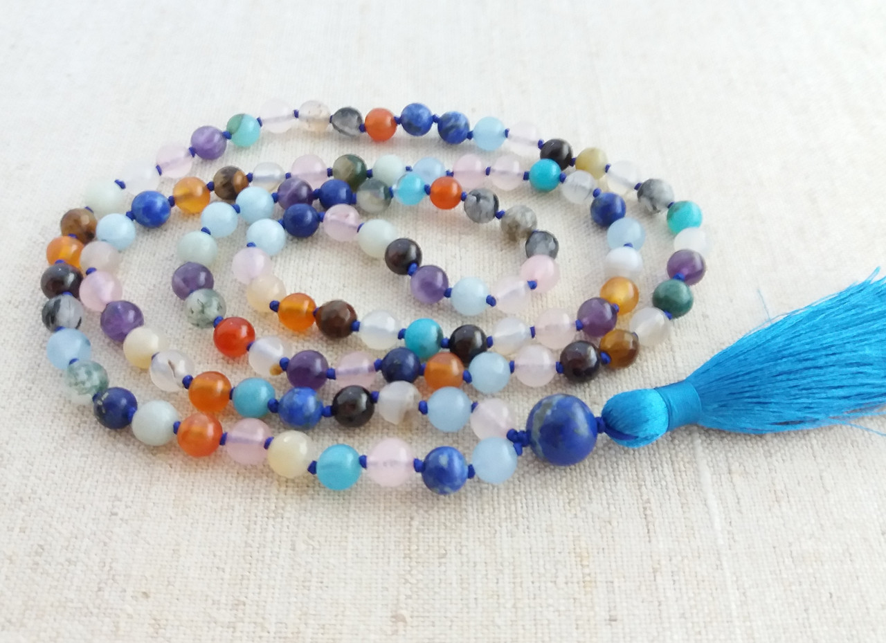 Чотки з натурального каменю 108 намистин з вузлами різнокольорові d 6мм