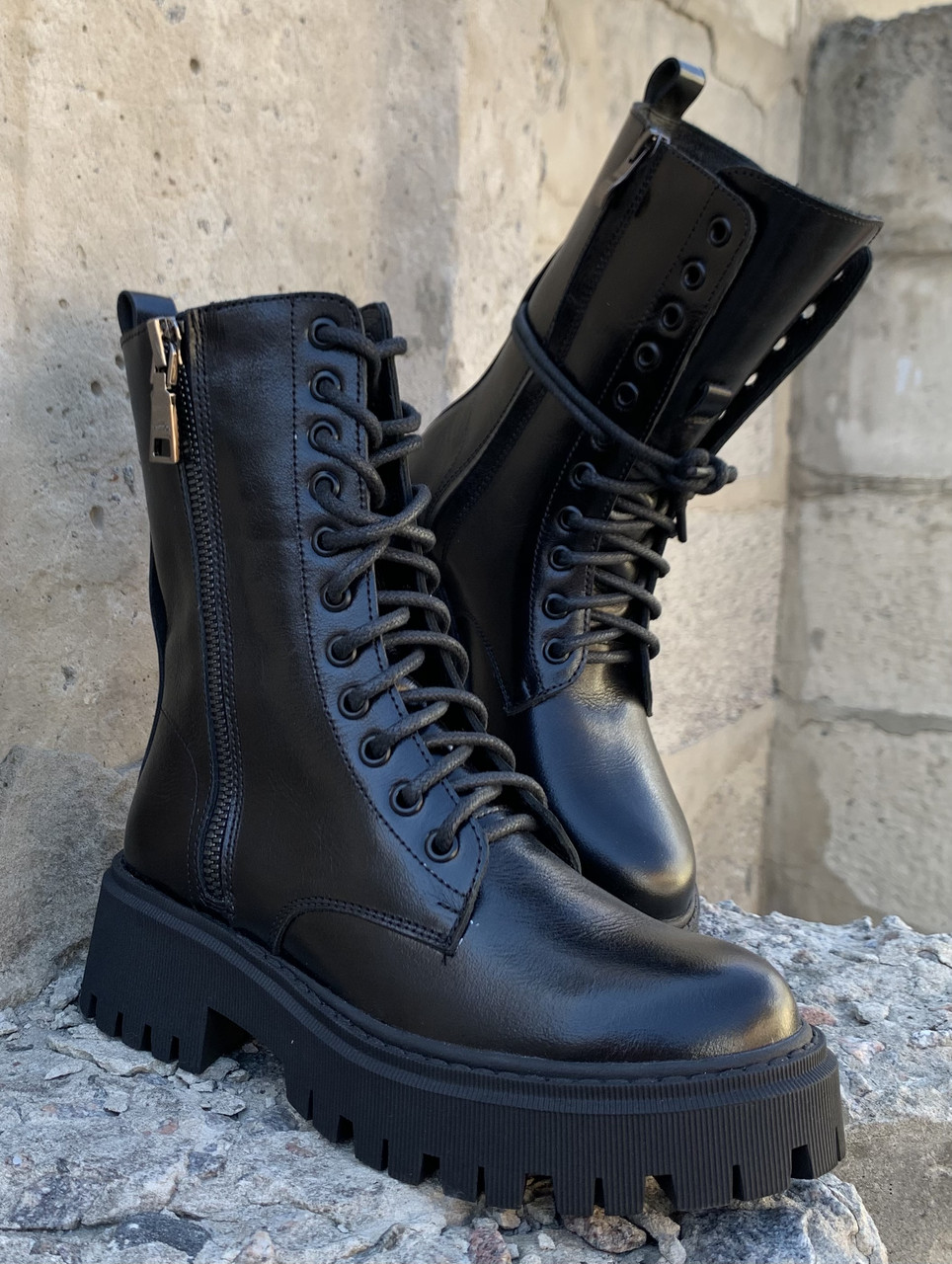 Balenciaga Tractor Жіночі високі шкіряні черевики чорного кольору на шнурівці зі змійкою зима 37 розм