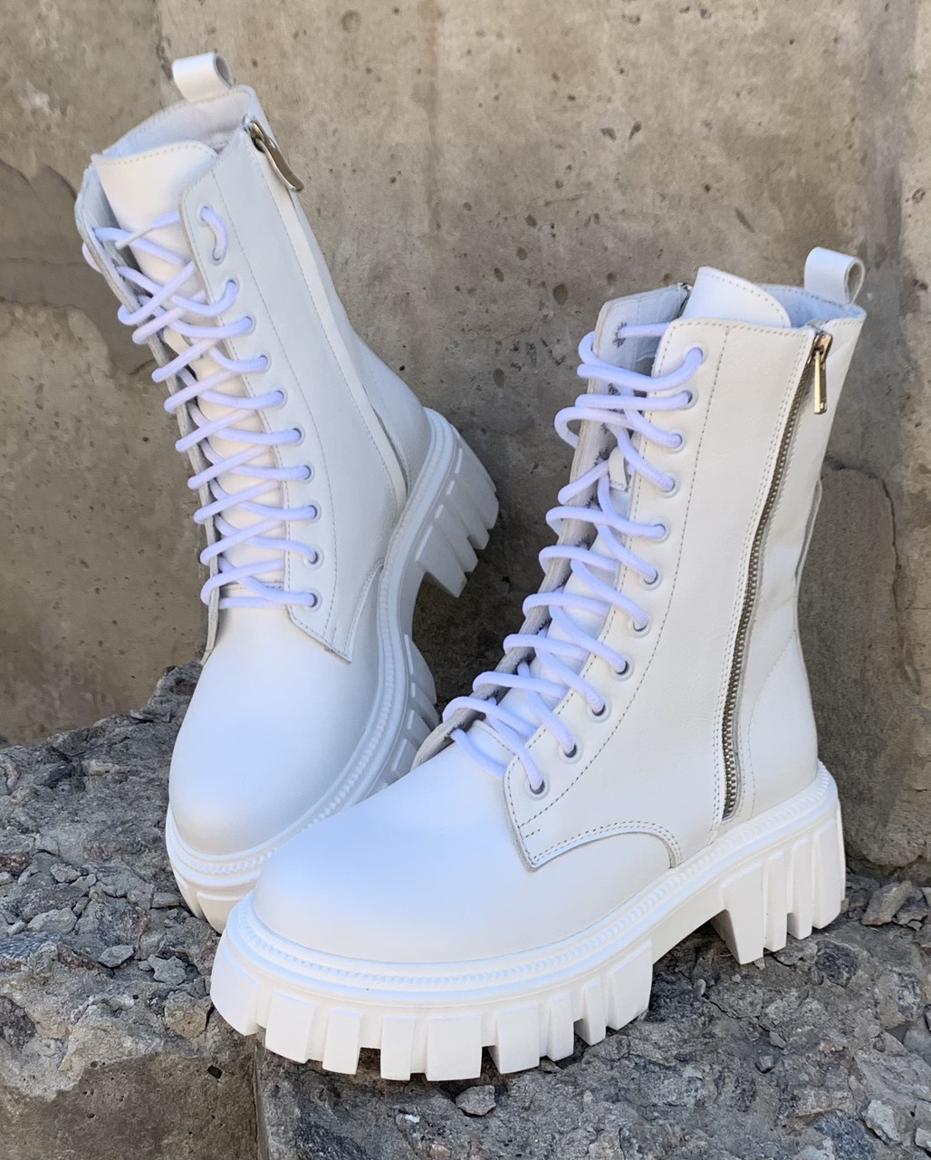 Balenciaga Tractor Жіночі високі шкіряні черевики білого кольору на шнурівці зі змійкою зима - фото 2 - id-p1463320175