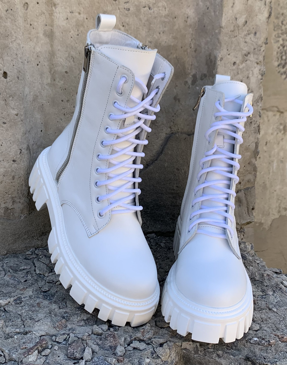 Balenciaga Tractor Жіночі високі шкіряні черевики білого кольору на шнурівці зі змійкою зима - фото 1 - id-p1463320175