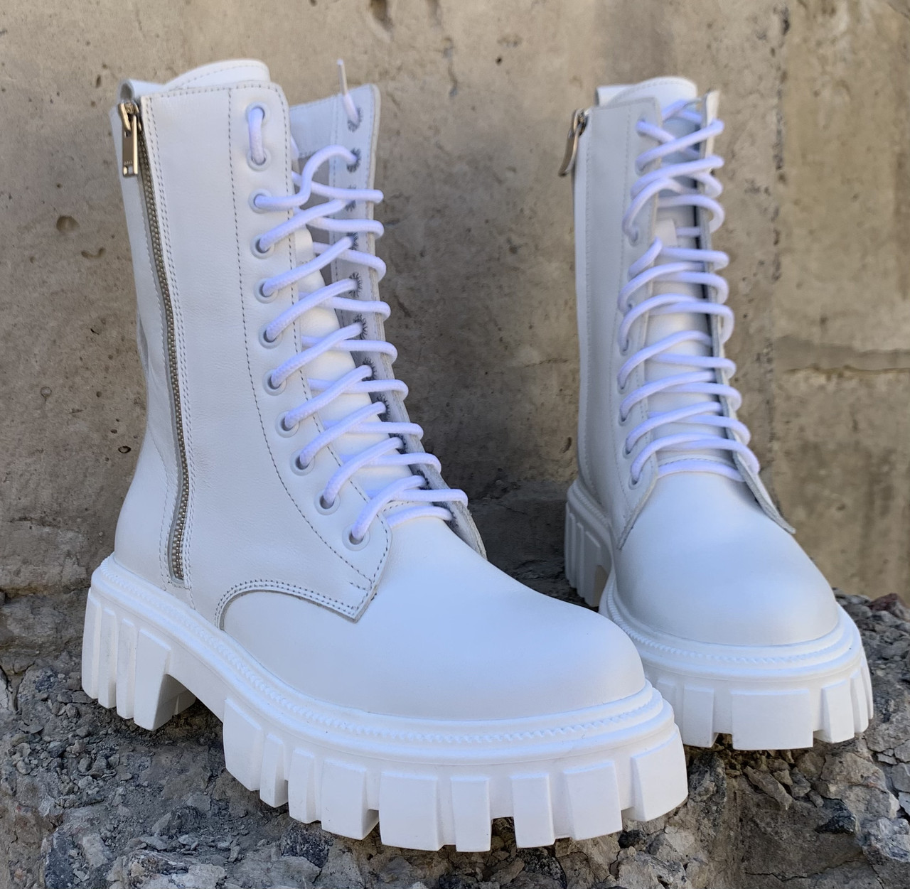 Balenciaga Tractor Жіночі високі шкіряні черевики білого кольору на шнурівці зі змійкою зима - фото 6 - id-p1463320175